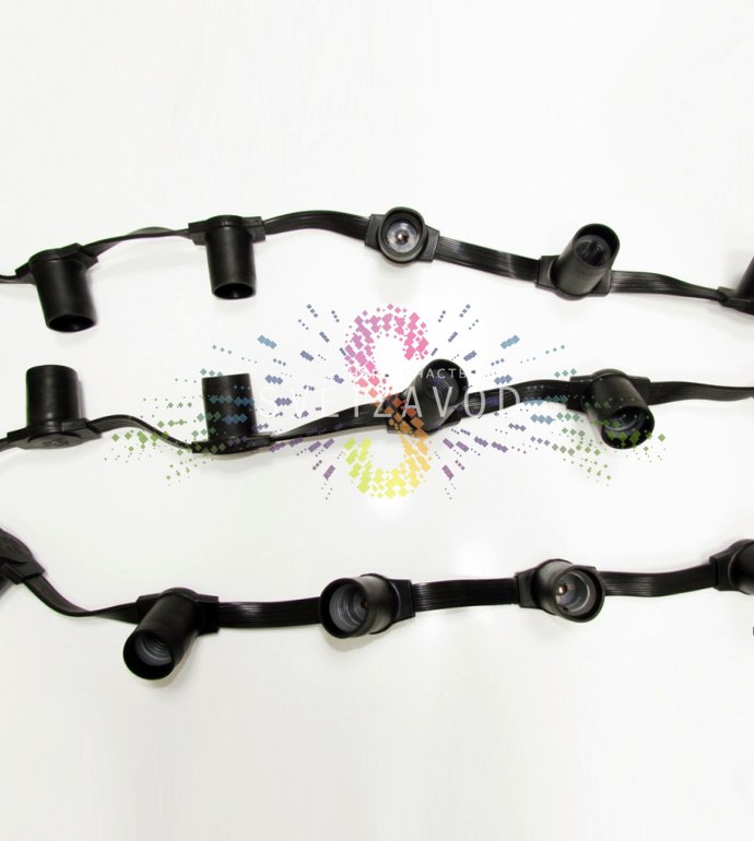 Детальное фото гирлянды Белт лайт: черный прорезиненный шлейф, патроны E27 с уплотнительными кольцами, степень защиты IP65. Детальное фото гирлянды Белт лайт: черный прорезиненный шлейф, патроны E27 с уплотнительными кольцами, степень защиты IP65.