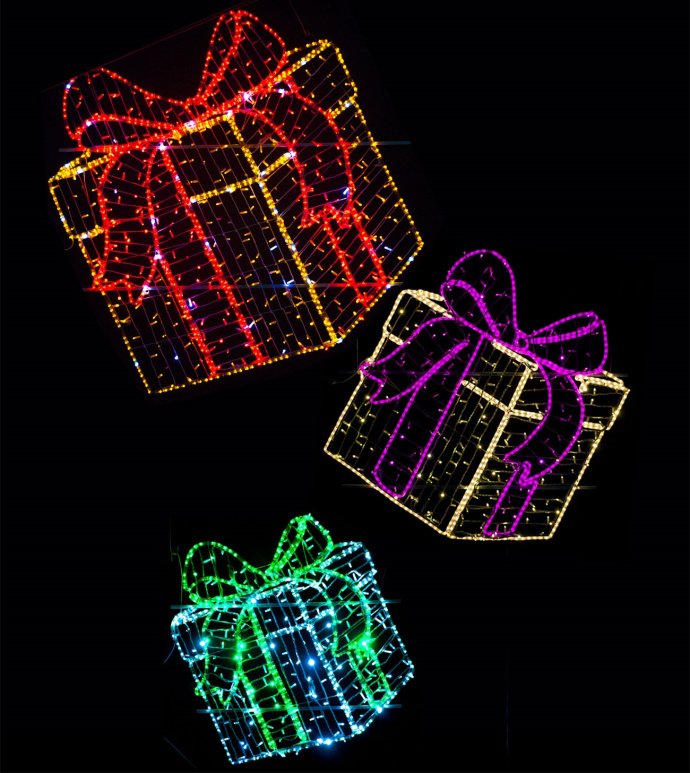 Детальное фото светодиодного панно "Подарки" из трех элементов. Видны прочный стальной каркас, светодиодные линии дюралайта и влагозащищенная конструкция для улицы. Детальное фото светодиодного панно "Подарки" из трех элементов. Видны прочный стальной каркас, светодиодные линии дюралайта и влагозащищенная конструкция для улицы.