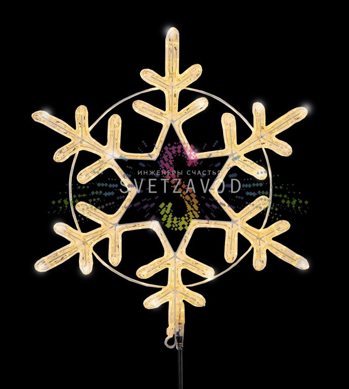 Детальное фото светодиодной снежинки Neon-Night на металлическом каркасе. Видны светодиодный дюралайт, ушко для монтажа и шнур питания.