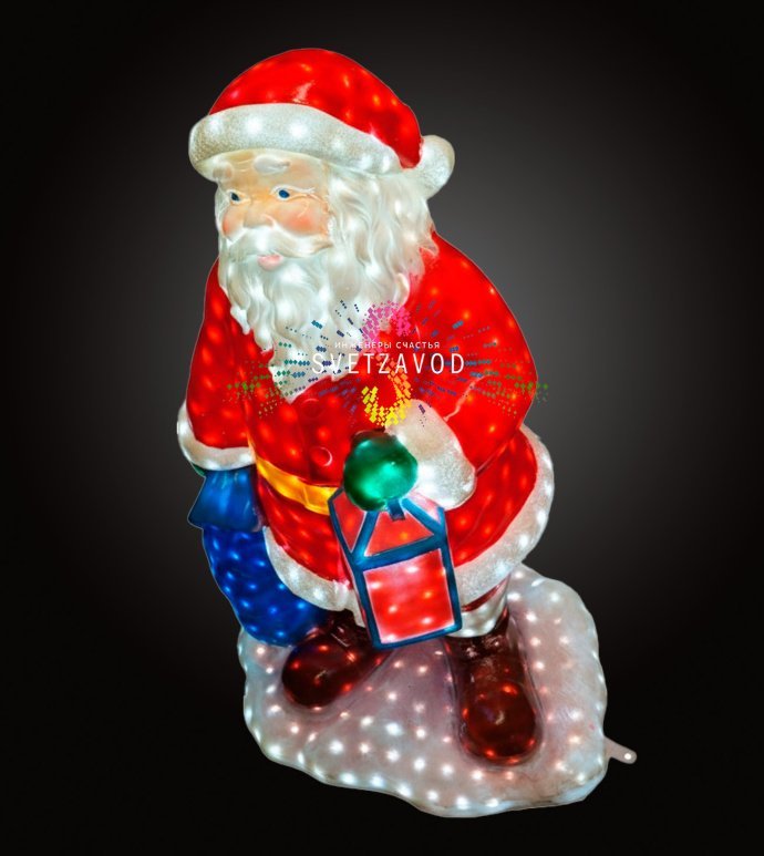 Детальное фото светодиодной фигуры Дед Мороз из стекловолокна с мешком подарков. Видны светодиоды, конструкция и блок питания 24В.