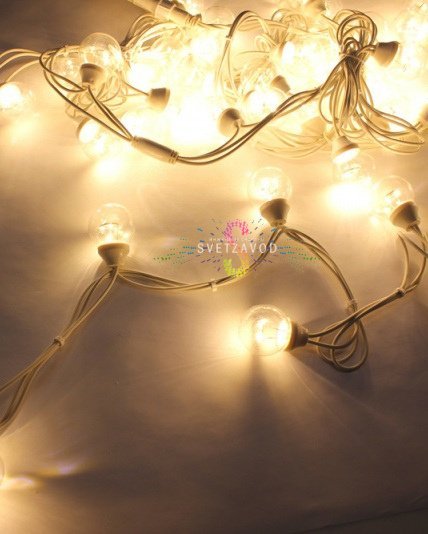 Гирлянда с лампами, теплая белая, 10 метров, 50 ламп, белый провод