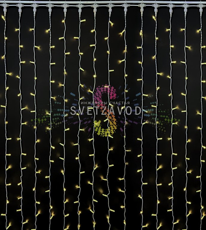 Детальное фото светодиодного дождя Rich Led: горизонтальный шлейф 2м с 20 нитями по 9м, белый ПВХ провод, светодиоды с защитными колпачками.
