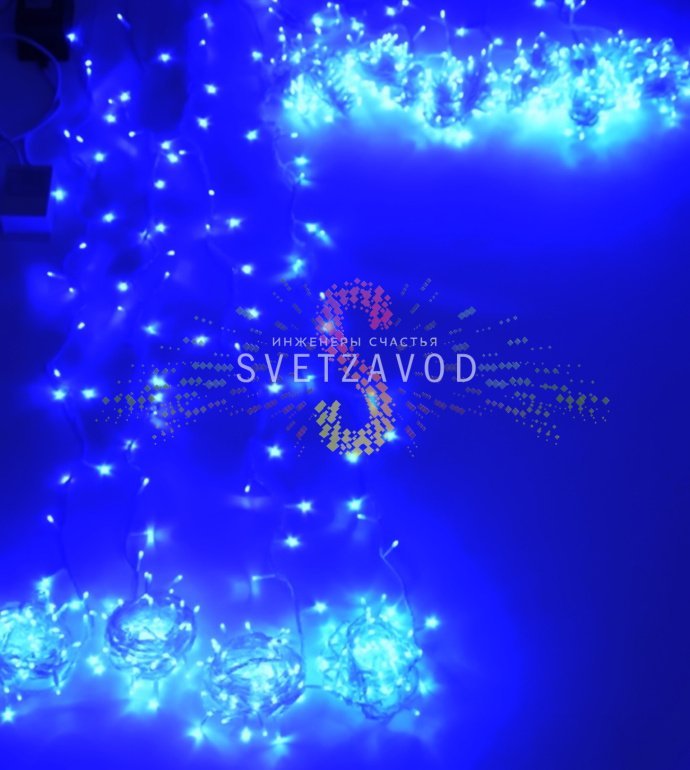 Детальное фото светодиодного дождя Водопад: 10 нитей по 10 метров с синими диодами, прозрачный провод, контроллер и блок питания в комплекте.