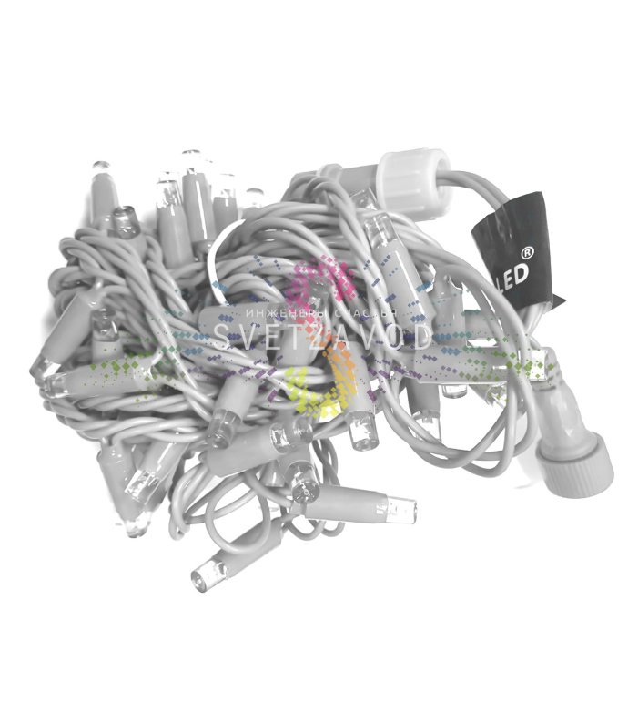 Детальное фото гирлянды-нити Стринг Лайт Rich Led: белый ПВХ провод, светодиоды DIP с защитными колпачками, расстояние между диодами 10 см.