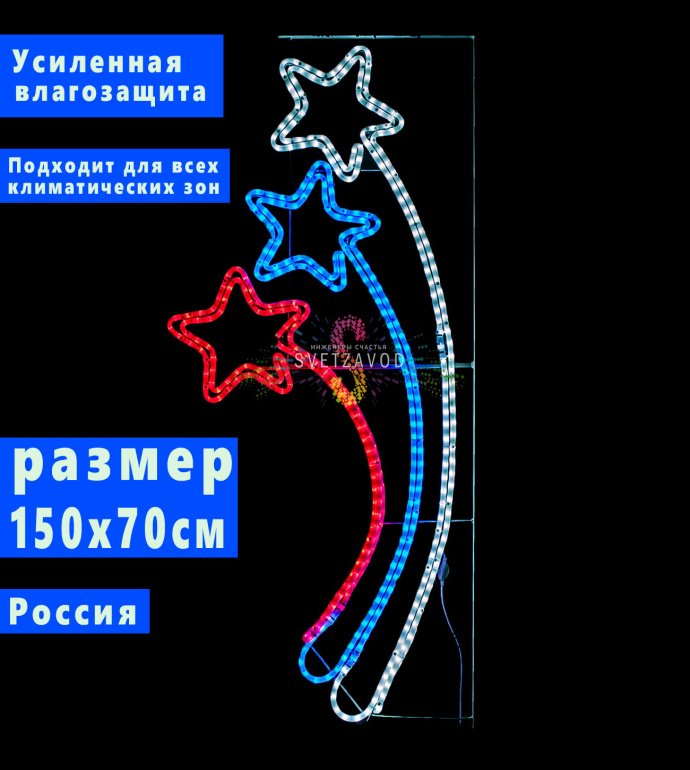 Детальное фото светодиодной консоли «Звездный триколор» на металлическом каркасе, закрепленной на уличном столбе. Видны светодиодные модули и крепление бандажной лентой. Детальное фото светодиодной консоли «Звездный триколор» на металлическом каркасе, закрепленной на уличном столбе. Видны светодиодные модули и крепление бандажной лентой.