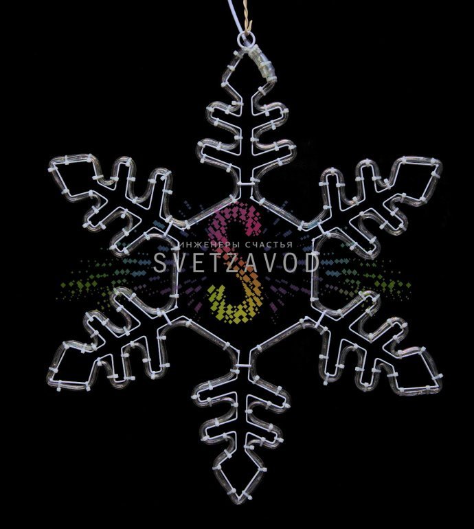 Детальное фото синей светодиодной снежинки 75 см на металлическом каркасе с подключенным кабелем питания.