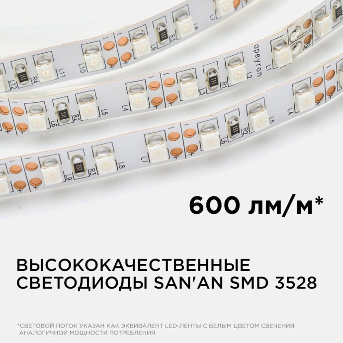 Детальное изображение синей светодиодной ленты SMD3528 12В 9,6Вт/м 120д/м с белой основой, IP20, для подсветки.