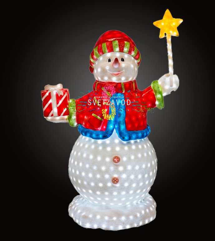 Детальное фото светодиодной фигуры Снеговик с звездочкой для уличного использования. Видны светодиоды, материал стекловолокно и крепления.