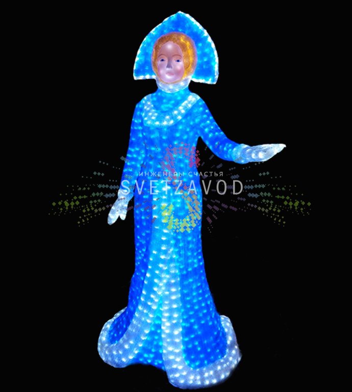 Детальное фото акриловой 3D фигуры Снегурочки с 5500 светодиодами. Видны кокошник, прочный каркас и равномерная подсветка. Фигура в упаковке 190х105х76 см.