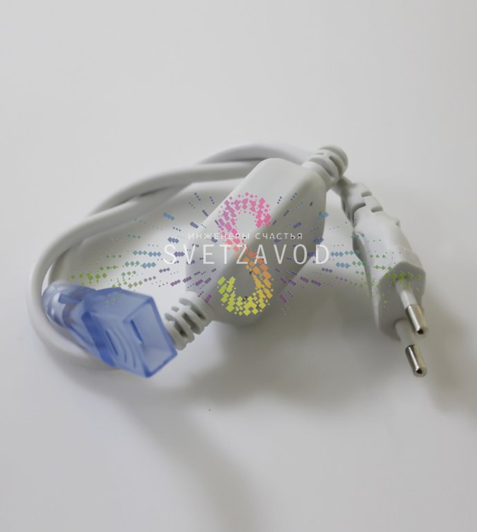 Детальное фото силового шнура с конвертером AC/DC. Видны разъемы для подключения гибкого неона 8х18мм, маркировка напряжения 220В/24В и степень защиты IP65.