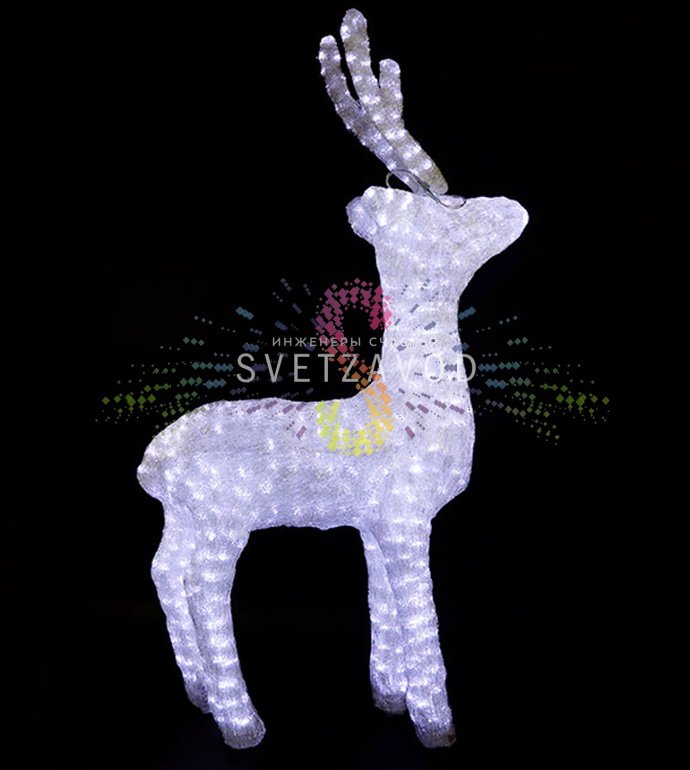 Детальное фото акриловой фигуры 3D Олень стоит. Видны светодиоды, конструкция каркаса и прозрачный акриловый корпус. Фигура подключена к блоку питания. Детальное фото акриловой фигуры 3D Олень стоит. Видны светодиоды, конструкция каркаса и прозрачный акриловый корпус. Фигура подключена к блоку питания.