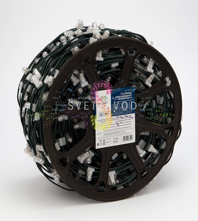 Крупный план светодиодного Клип Лайта 12В с защитными колпачками, демонстрирующий равномерное расположение диодов на зеленом ПВХ-кабеле.