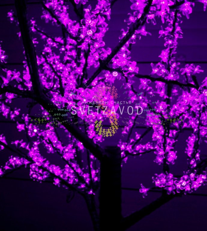 Детальное фото светодиодного дерева Сакура: фиолетовые светодиоды на ветвях диаметром 2 м, коричневый ствол, защита IP54 для улицы.