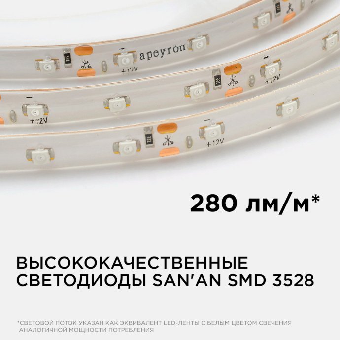 Детальное фото: красная светодиодная лента SMD3528 60LED/м IP65, гибкая подложка 8мм, 5 метров, 12В, Apeyron Electrics