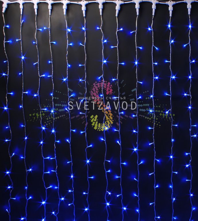 Детальное фото светодиодного занавеса Водопад Rich Led размером 3 на 2 метра с синими DIP-светодиодами на прозрачных ПВХ-низях, подключенными коннекторами. Детальное фото светодиодного занавеса Водопад Rich Led размером 3 на 2 метра с синими DIP-светодиодами на прозрачных ПВХ-низях, подключенными коннекторами.