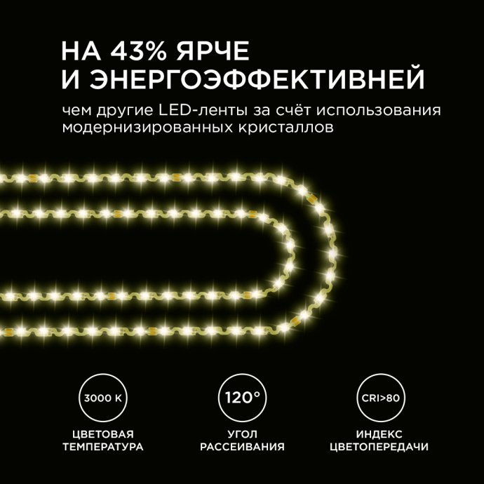 Детальное фото гибкой светодиодной ленты S-типа 6мм, теплый белый свет 3000K, 60 диодов SMD2835 на метр, 5м в упаковке.
