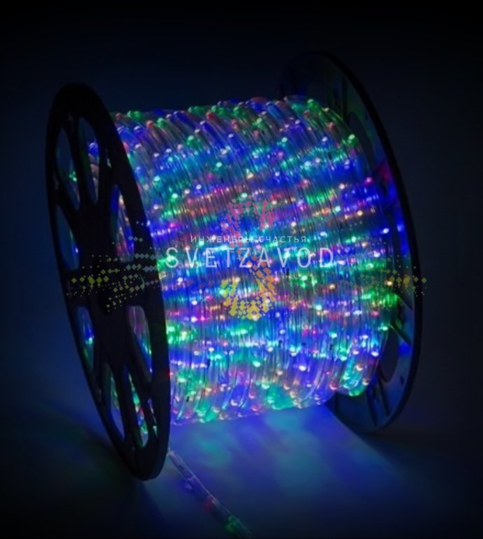 Детальное фото бухты светодиодного дюралайта Rich Led, контроллера с 8 программами, коннекторов и заглушек. Видны светодиоды внутри прозрачной трубки.
