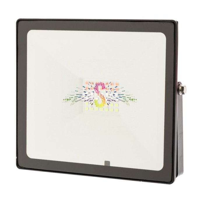 Крупный план светодиодного прожектора REXANT RGB 30Вт с черным алюминиевым корпусом, степенью защиты IP65, пультом дистанционного управления и элементами крепления. Крупный план светодиодного прожектора REXANT RGB 30Вт с черным алюминиевым корпусом, степенью защиты IP65, пультом дистанционного управления и элементами крепления.