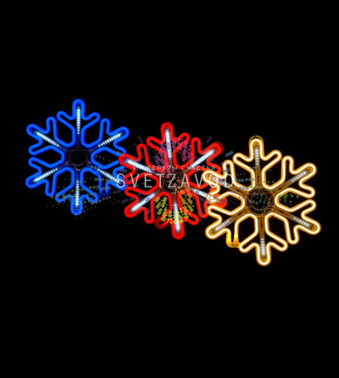 Крупный план светодиодной снежинки из гибкого неона с эффектом динамичной подсветки 'тающие сосульки', предназначенной для уличного и интерьерного использования.