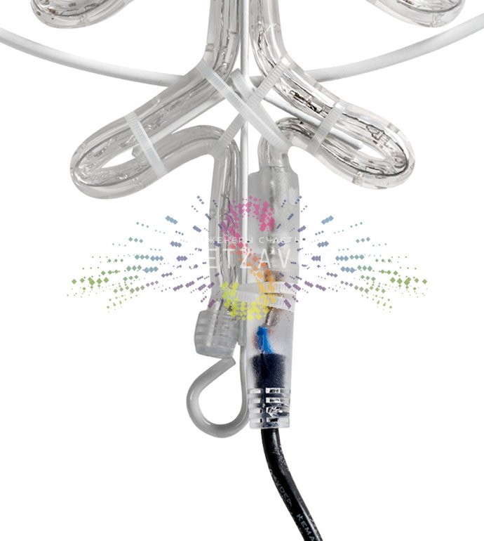 Детальное фото светодиодной снежинки Neon-Night на металлическом каркасе. Видны светодиодный дюралайт, ушко для монтажа и шнур питания.