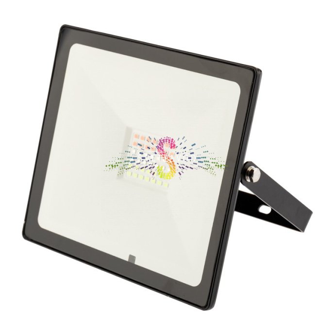 Крупный план светодиодного прожектора REXANT RGB 30Вт с черным алюминиевым корпусом, степенью защиты IP65, пультом дистанционного управления и элементами крепления. Крупный план светодиодного прожектора REXANT RGB 30Вт с черным алюминиевым корпусом, степенью защиты IP65, пультом дистанционного управления и элементами крепления.