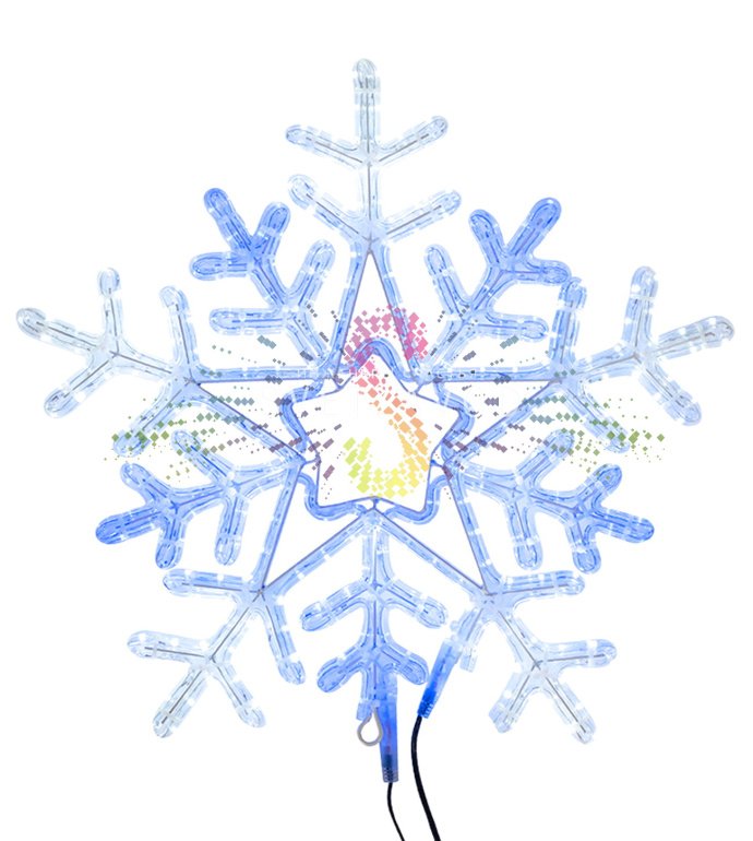 Детальное фото светодиодной снежинки 60 см на металлическом каркасе. Видны светодиоды, контроллер и крепление.