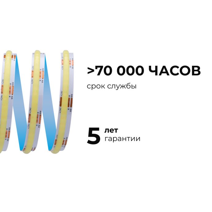 Крупный план светодиодной ленты COB CCT 24В: непрерывный свет без точек, плотность 560 диодов/м, матовая поверхность, регулировка температуры от 3000K до 6400K