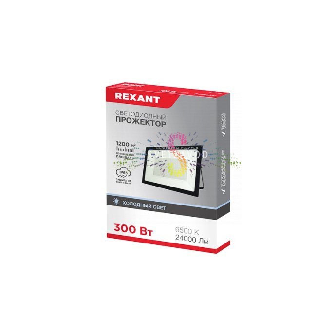 Крупный план светодиодного прожектора REXANT 300Вт с черным алюминиевым корпусом, стеклянным рассеивателем и элементами крепления. Крупный план светодиодного прожектора REXANT 300Вт с черным алюминиевым корпусом, стеклянным рассеивателем и элементами крепления.