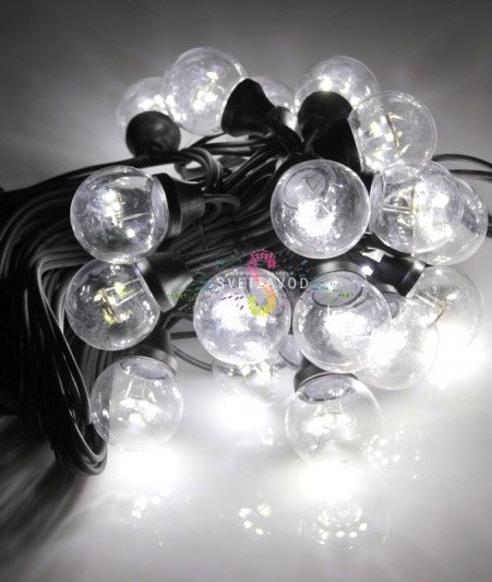Гирлянда с лампами, белая, 10 метров, 20 ламп, черный провод 