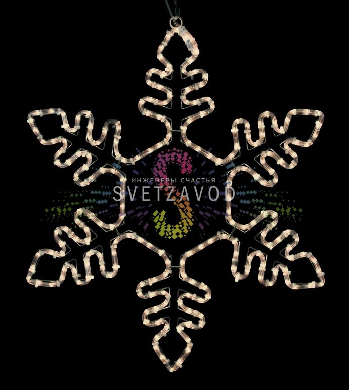 Крупный план светодиодной снежинки 75см для улицы (IP65) с металлическим каркасом, теплым белым свечением и крепежным ушком, подключенной к сети 220В.