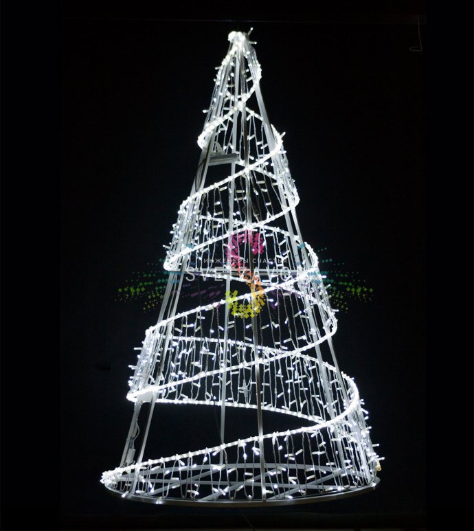 Крупный план светодиодной ёлки Конус 200х120 см белого цвета с металлическим каркасом и гирляндой дюралайт Крупный план светодиодной ёлки Конус 200х120 см белого цвета с металлическим каркасом и гирляндой дюралайт