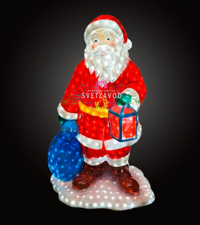 Детальное фото светодиодной фигуры Дед Мороз из стекловолокна с мешком подарков. Видны светодиоды, конструкция и блок питания 24В.