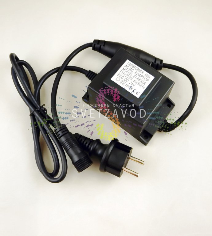 Детальное фото универсального блока питания 24В, 60Вт, артикул SGG-872. Черный провод, корпус с маркировкой, степень защиты IP68.