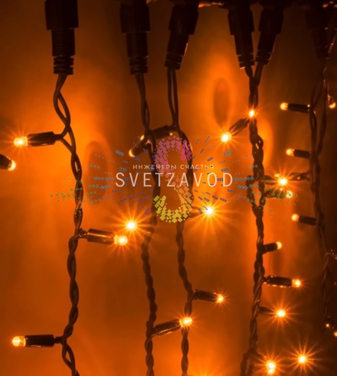 Детальное фото светодиодного дождя SPL-946: горизонтальный шлейф 2м с 20 нитями по 1,5м, желтые DIP-светодиоды, черный каучуковый провод, степень защиты IP65.