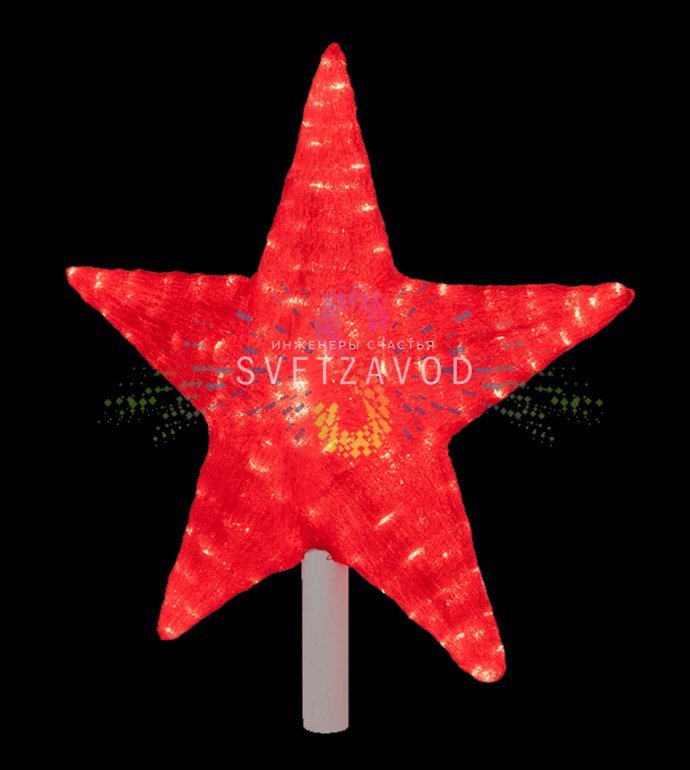 Детальное фото акриловой светодиодной звезды Neon-Night красного цвета с равномерным свечением 160 диодов, съемной трубой для установки и подвесом.