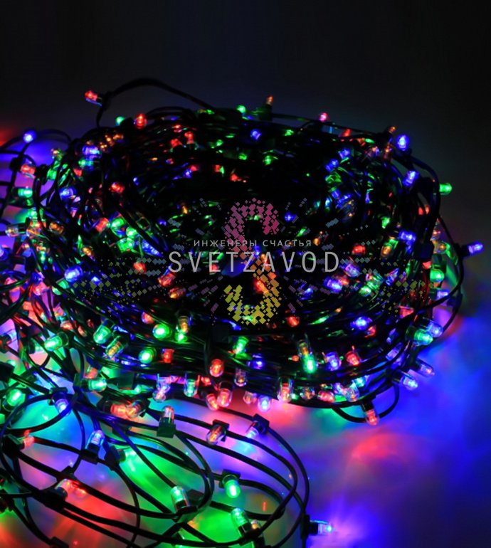 Детальное фото светодиодной гирлянды Клип Лайт 12В, фиксинг, мульти, 666 LED, 100м, темно-зеленый ПВХ, с защитными колпачками на диодах, степень защиты IP64