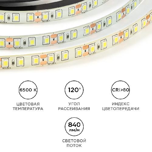 Светодиодная лента 12В, 9,6Вт/м, 840лм/м, 6500К, smd2835, 120д/м, IP65, ширина подложки 8мм
