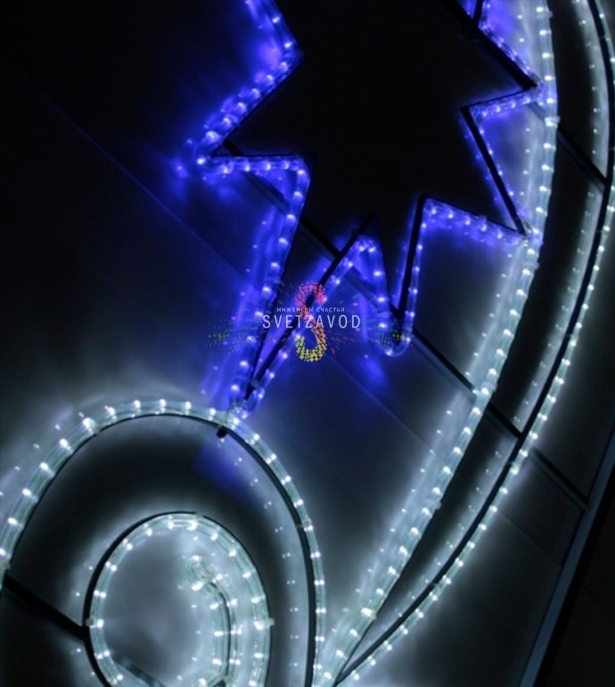 Детальное изображение светодиодной консоли 'Альтаир' для уличного освещения. Видны металлический каркас, звездные мотивы из светодиодов, крепежные элементы (пряжка бандажная и скрепа).