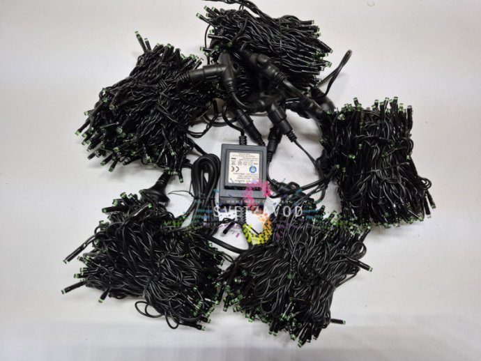 Детальное фото Клип Лайт Спайдер SSP-379: 5 нитей по 20 метров с зелеными мерцающими светодиодами, черный ПВХ провод, блок питания.