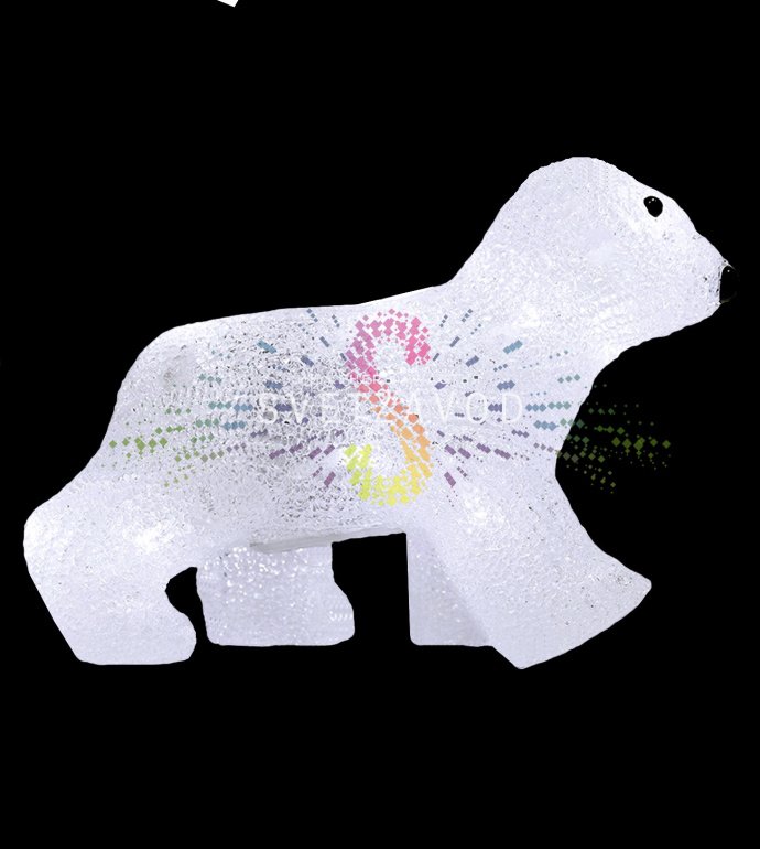 Детальное фото акриловой светодиодной фигуры 3D Медвежонок от Neon-Night. Видны объемная форма, равномерная подсветка по контуру, размеры 24х11х18 см.