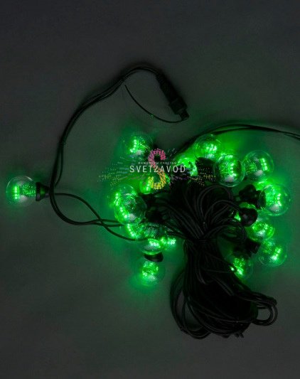 Гирлянда с лампами, зеленая, 10 метров, 20 ламп, черный провод 