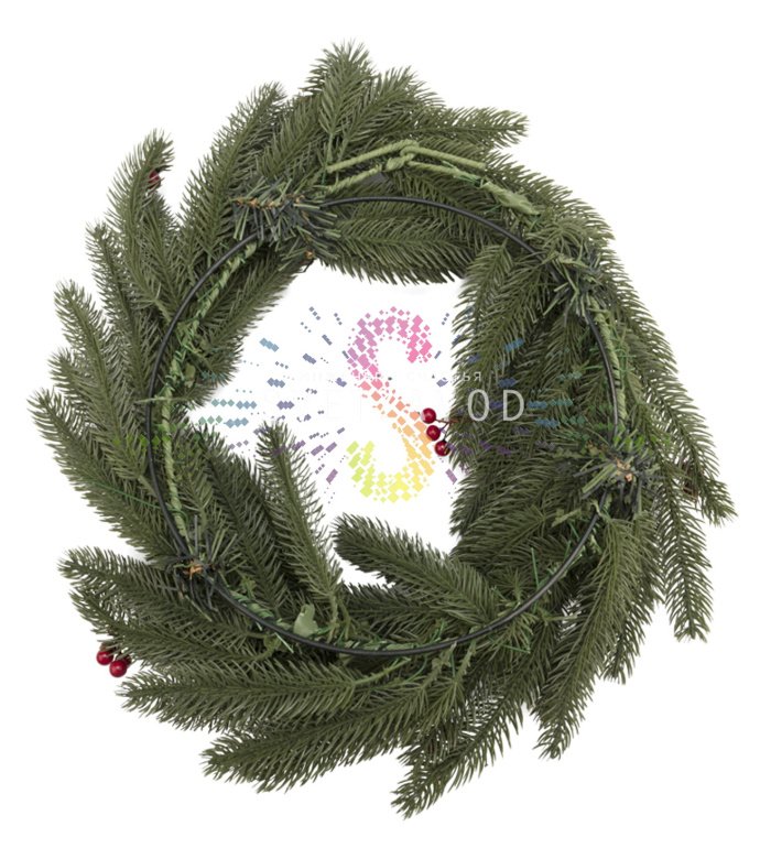 Детальное фото рождественского елового венка Neon-Night: густые литые ветки с реалистичной хвоей и декоративными красными ягодами.