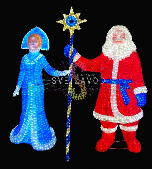 Комплект акриловых 3D фигур. Снегурочка в кокошнике 190см, Дед Мороз с посохом 200см, 24В