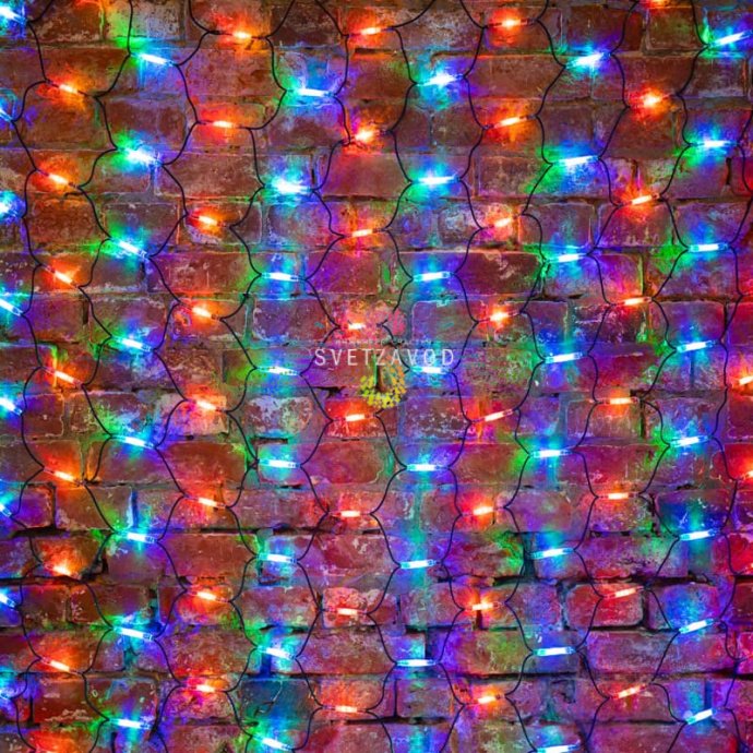 Детальное фото гирлянды-сети Neon-Night: прямоугольная сетка из ромбов с красными, желтыми, зелеными и синими светодиодами, черный влагозащищенный каучуковый провод, коннекторы.