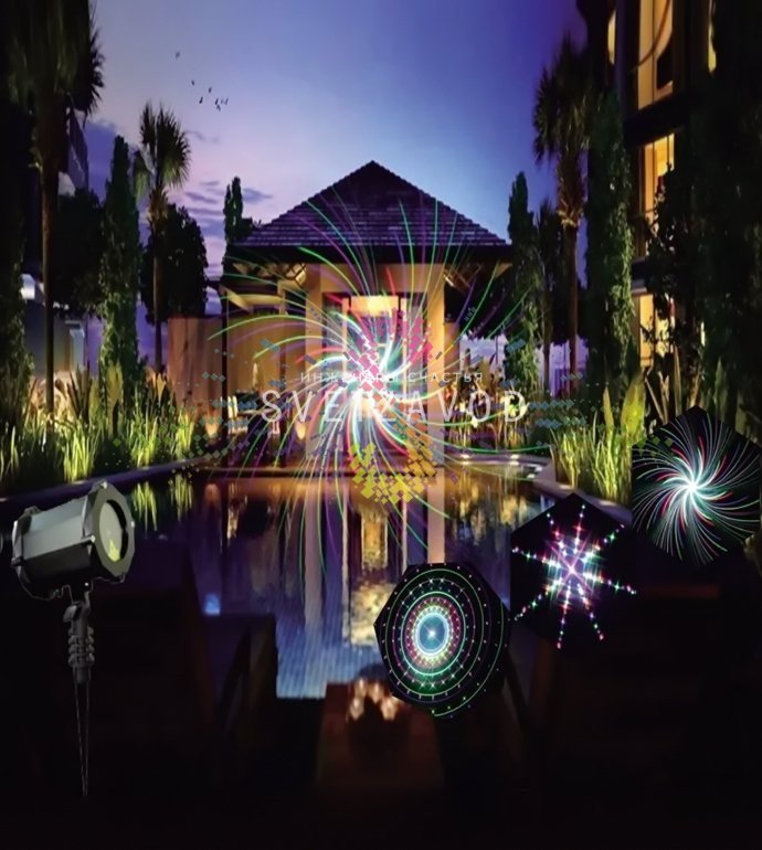 Профессиональный лазерный проектор Garden X-41P в работе, создающий объемные 3D-узоры на стене здания в темное время суток.