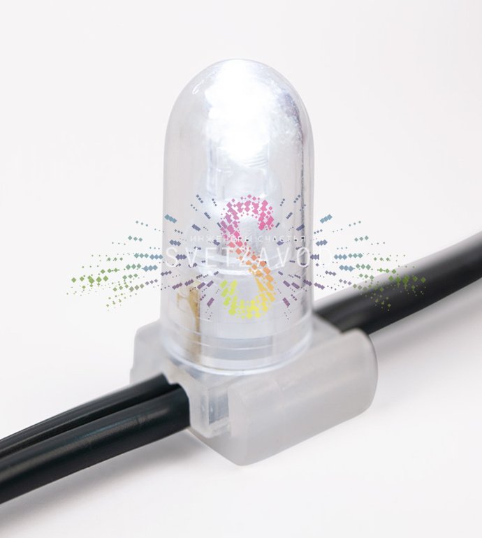 Детальное фото гирлянды Клип Лайт 12В: темно-зеленый ПВХ-кабель, светодиоды в защитных колпачках, расстояние между диодами 15 см.