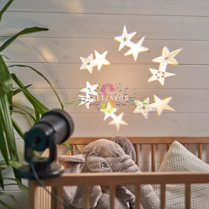 Крупный план черного светодиодного проектора Neon-Night на столе, демонстрирующий корпус из АБС-пластика и разъемы.