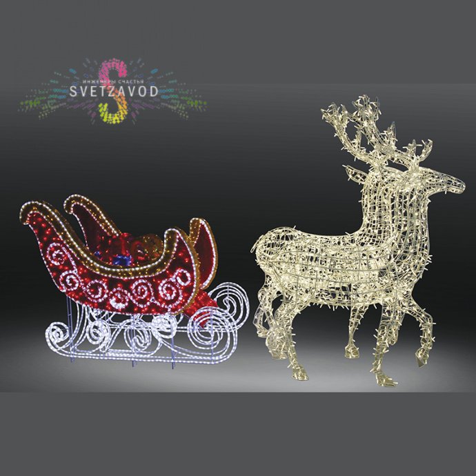 Детальное фото светодиодной конструкции Сани Деда Мороза с двумя оленями и подарками на металлическом каркасе, размер 350х195 см.