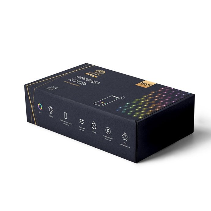 Детальное фото умной гирлянды Дождь Neon-Night: видны прозрачные провода, 180 RGB светодиодов, блок питания и шнур подключения.