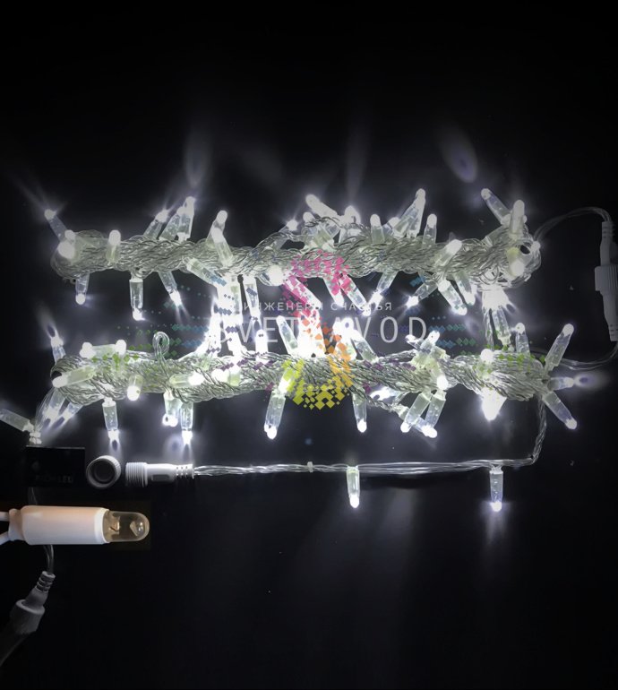 Детальное фото гирлянды-нити Стринг Лайт Rich Led: 100 светодиодов DIP на прозрачном ПВХ проводе длиной 10 метров, с защитными колпачками.